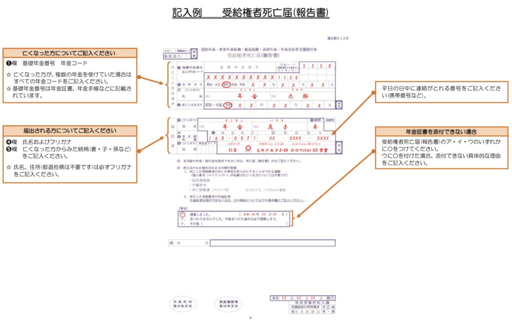 年金受給権者死亡届の見本の画像